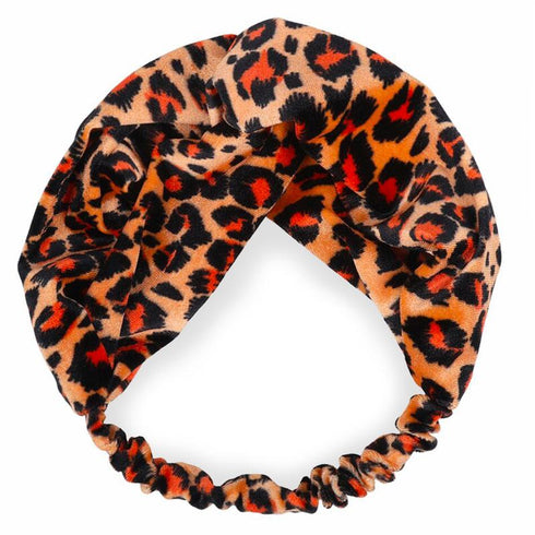 Bandeau cheveux en velours imprimé léopard orangé